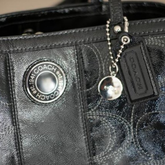 Coach F19215 Black Patent Leather Logo Kiss lock Carryall Purse Bag Stitched C - Picture 4 of 8
